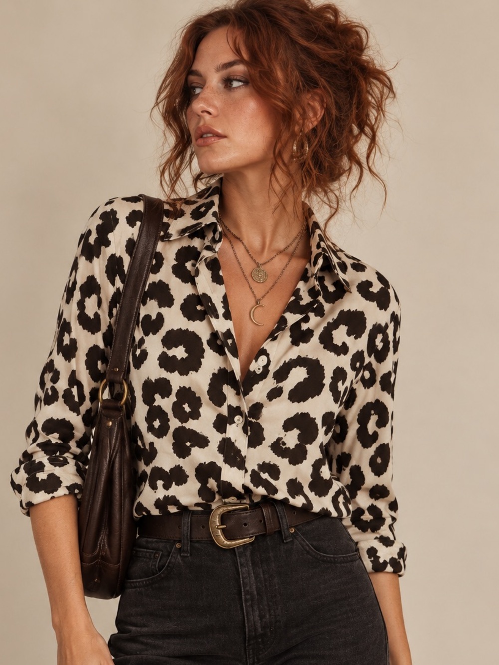 Vintage 90s 100% Silk Leopard Animal Print Button Down Blouse Whimsigoth S